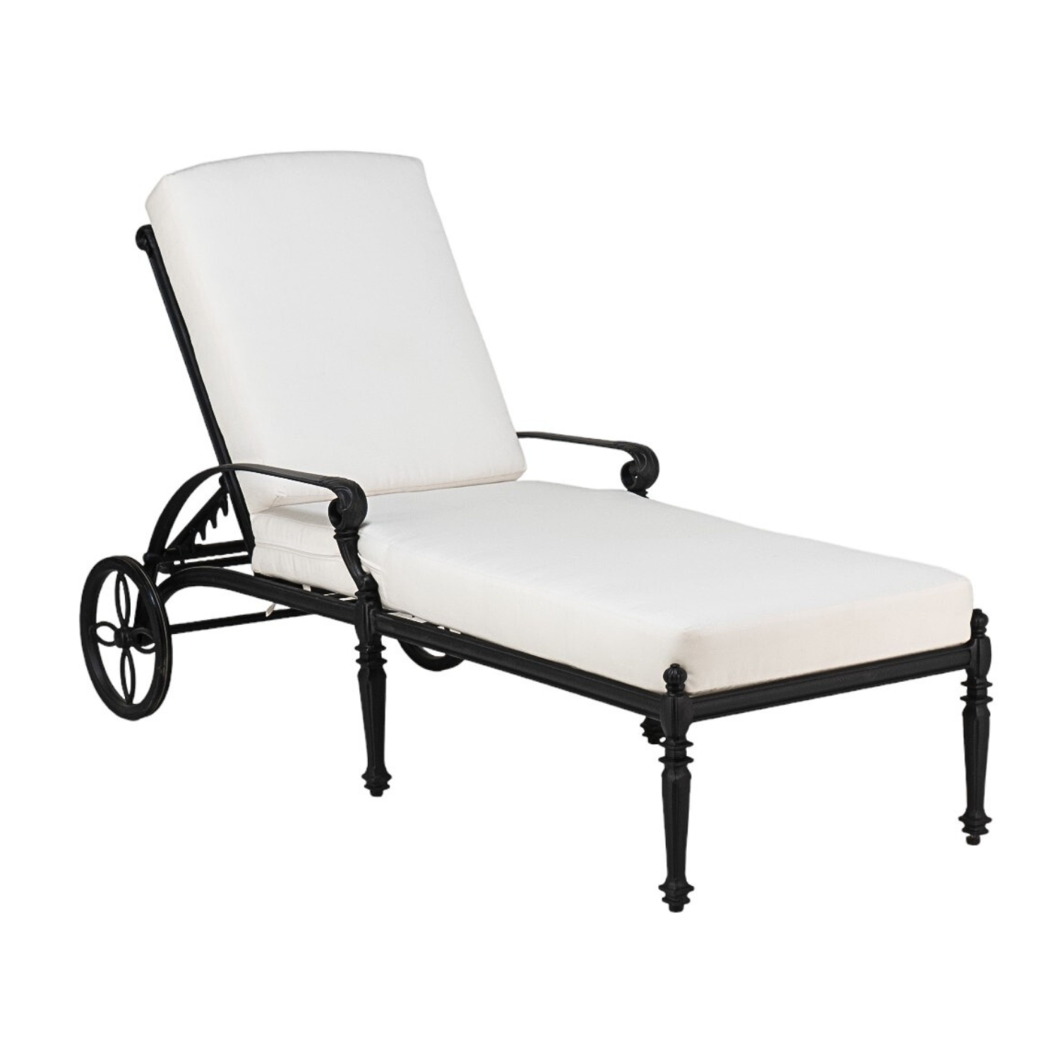 traditional outdoor chaise lounge, black frame, large back wheels for moving, claw foot inspired feet, intricate aluminum detailing giving off a touch of french bistro, curved arms with metal detailing, 5 reclining positions