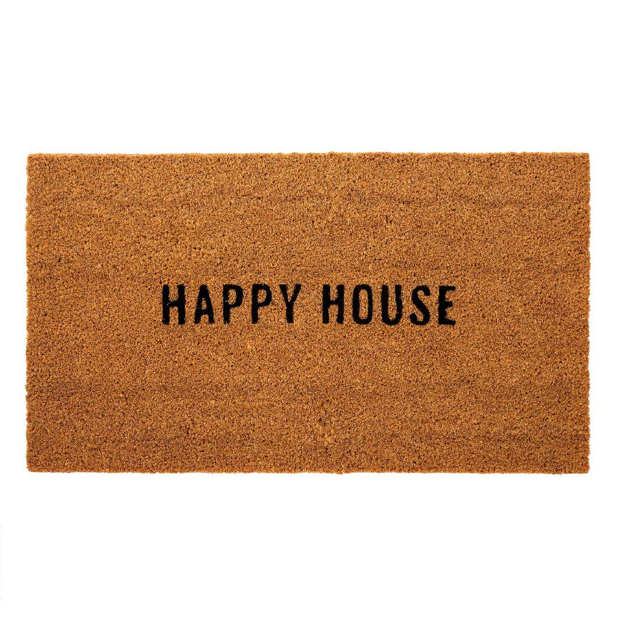 Premium outdoor sand coloured doormat, hand made from Coconut Husk Fiber.  Sand coloured with black text Happy House.  Doormat has course texture.