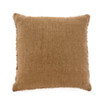 Premium square Belgian linen pillow, down filling, warm hazelnut colour, fringe along edges