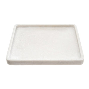 White marble square tray, raised edge, rounded corners, light grey/purple veining, simple clean design