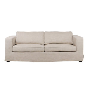 Premium transitional slipcovered sofa, soft sand toned, linen blend fabric, deep seat and back cushions, luxurious feather blend cushions, wide arm rests