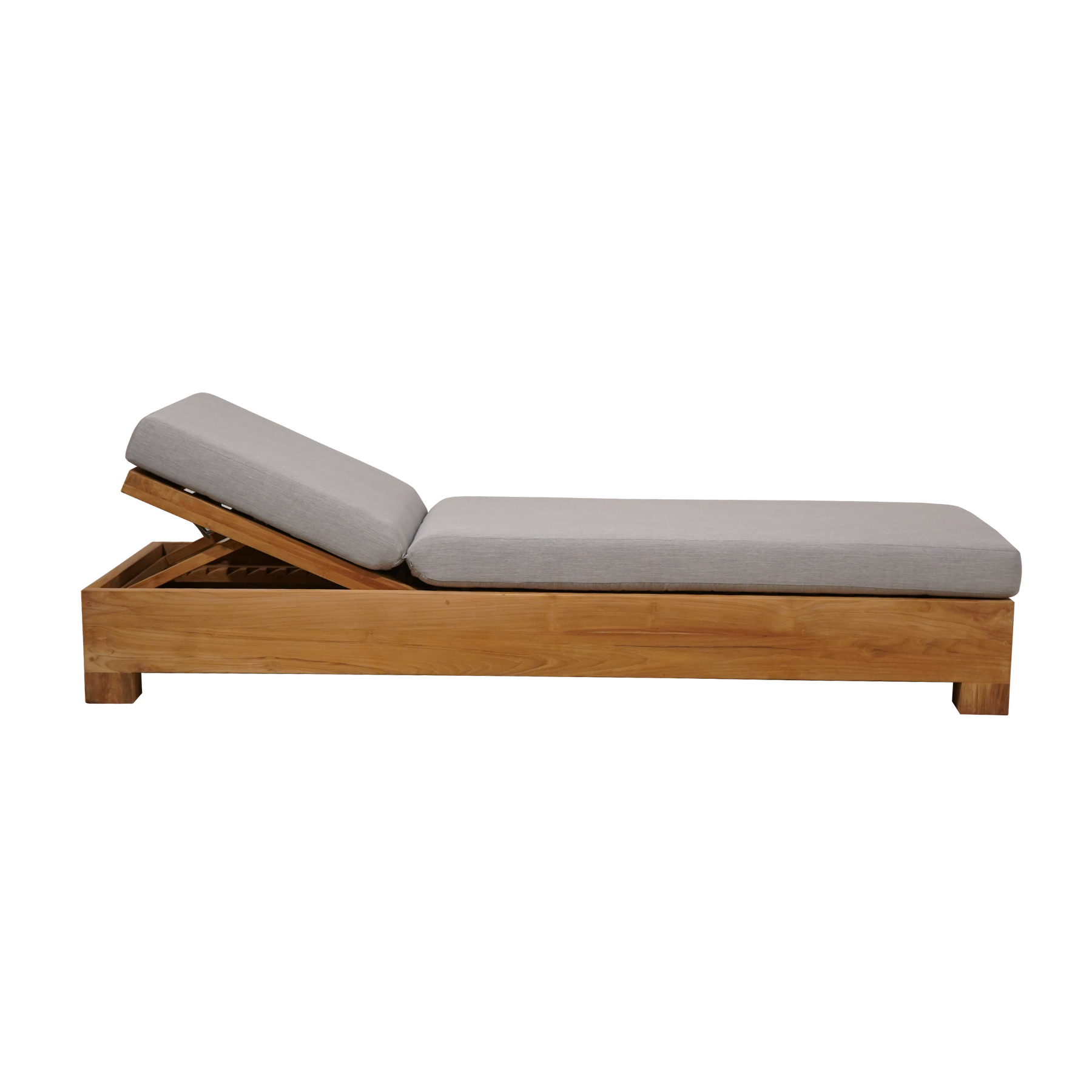 Premium outdoor wide plank design teak chaise, six incline positions, thick upholstered cushion, modern and traditional