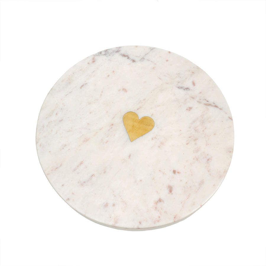 White round marble board, gold heart inlayed in center, light grey and purple veining