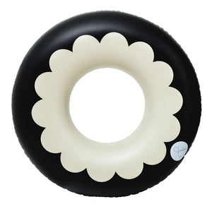 Premium outdoor oversized round pool float, simple white petal floral  design with white and black combination