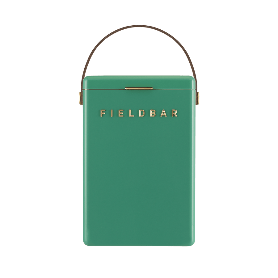 Premium rectangular Fieldbar drinks box cooler, brass letters and details, brown leather handle, modern, stylish, vintage looking, parisian sea green colour, 50 hour ice performance