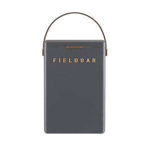 Premium rectangular Fieldbar drinks box cooler, brass letters and details, brown leather handle, modern, stylish, vintage looking, deep grey colour, 50 hour ice performance