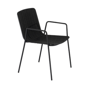 Premium outdoor stackable arm chair, black , narrow aluminum frame, modern woven back and seat , curved seat, thin tubular arms and legs