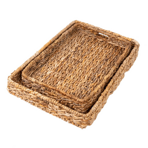 Rectangular Abaca fibre woven trays with unique natural tones, open handles, raised edges, set of two that rest inside each other
