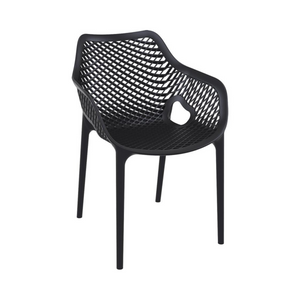 Contemporary indoor/outdoor polypropylene arm chair, stackable, bold mesh style grid pattern, bucket seat, curved arms,, black colour