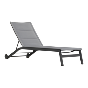 Premium contemporary outdoor soft grey padded sling fabric chaise, wheels, and sleek charcoal aluminum frame, adjustable incline