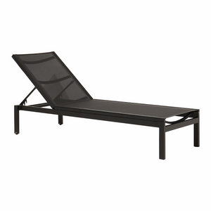contemporary simple clean lines chaise, powder coated aluminum frame, sling fabric, stackable, wheels, fully reclines flat