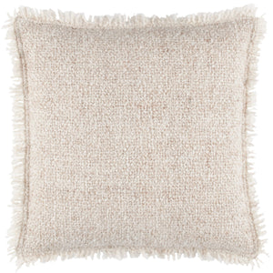 Natural beige colour indoor/outdoor toss cushion in richly textured boucle fabric with fringe.