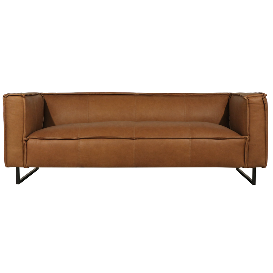 Premium contemporary three seater bench sofa, cognac coloured leather, thin slate black metal legs, broad arms, boxy style with clean modern stitching