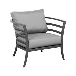 transitional outdoor barrel shaped aluminum club chair, deep back and seat cushions, clean curved legs, open horizontal line frame, Gunmetal coloured framed and Sunbrella Cast Silver cushions