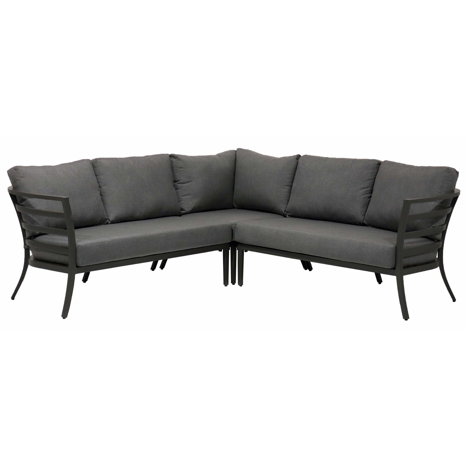 transitional barrel shaped aluminum sofa sectional, deep back and seat cushions, open horizontal line frame, open curved legs, 2 bench seat cushions and 1 corner cushion, 6 back cushions