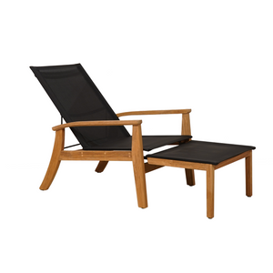 Premium Transitional Indoor/Outdoor reclining deck chair, teak frame and legs, open teak arms, clean simple lines, black sling fabric for back and seat, integrated stool that glides under seat