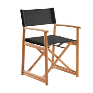 Premium Transitional Indoor/Outdoor armchair, directors style, teak frame, black sling for back and seat, folds flat