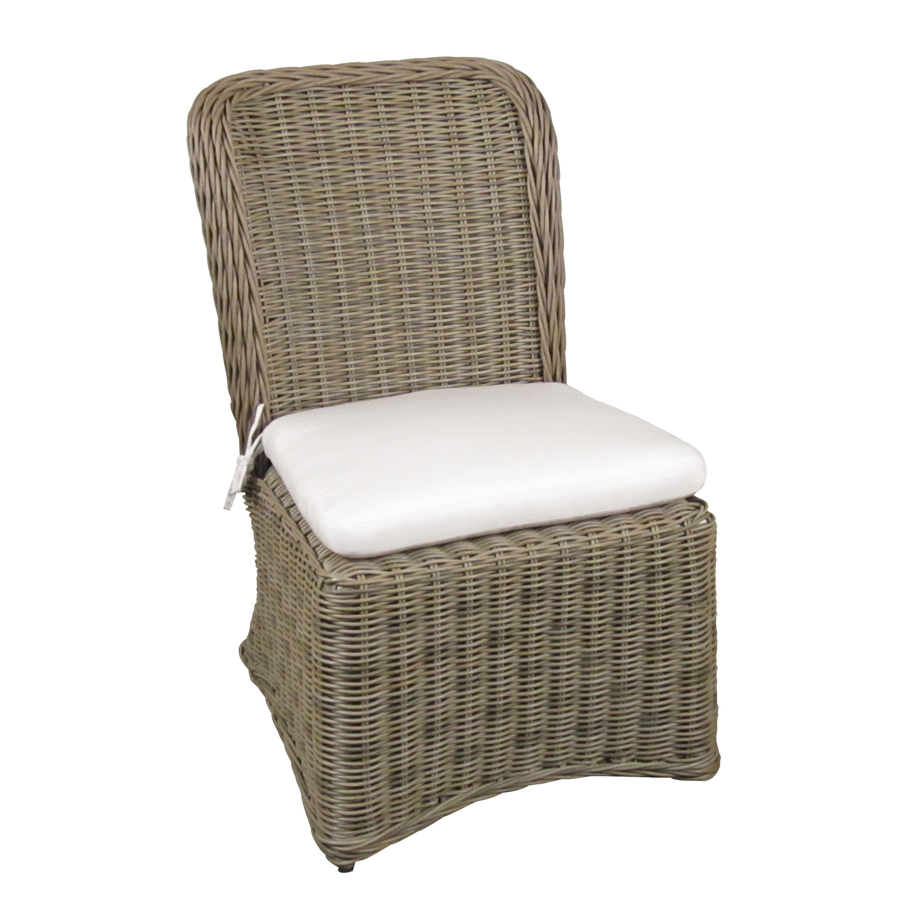 Outdoor traditional synthetic wicker weave side chair, aluminum framed, driftwood colour, deep seat cushion in Canvas Natural Sunbrella fabric, wicker weave back and skirt