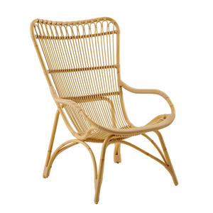 high backed indoor/outdoor rattan looking chair, bohemian inspired, aluminum framed , low reclined seating, open weave