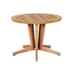 Premium outdoor teak end table, round slatted top, sleek teak legs