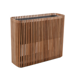 Premium outdoor rectangle tall planter, vertical teak slat outer detailing, removable aluminum black inner planter box 