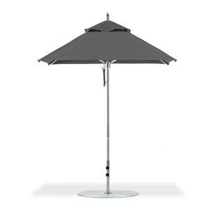 6.5' foot market umbrella by Frankford with dark grey marine grade fabric and polished silver frame, with pulley system lift.
