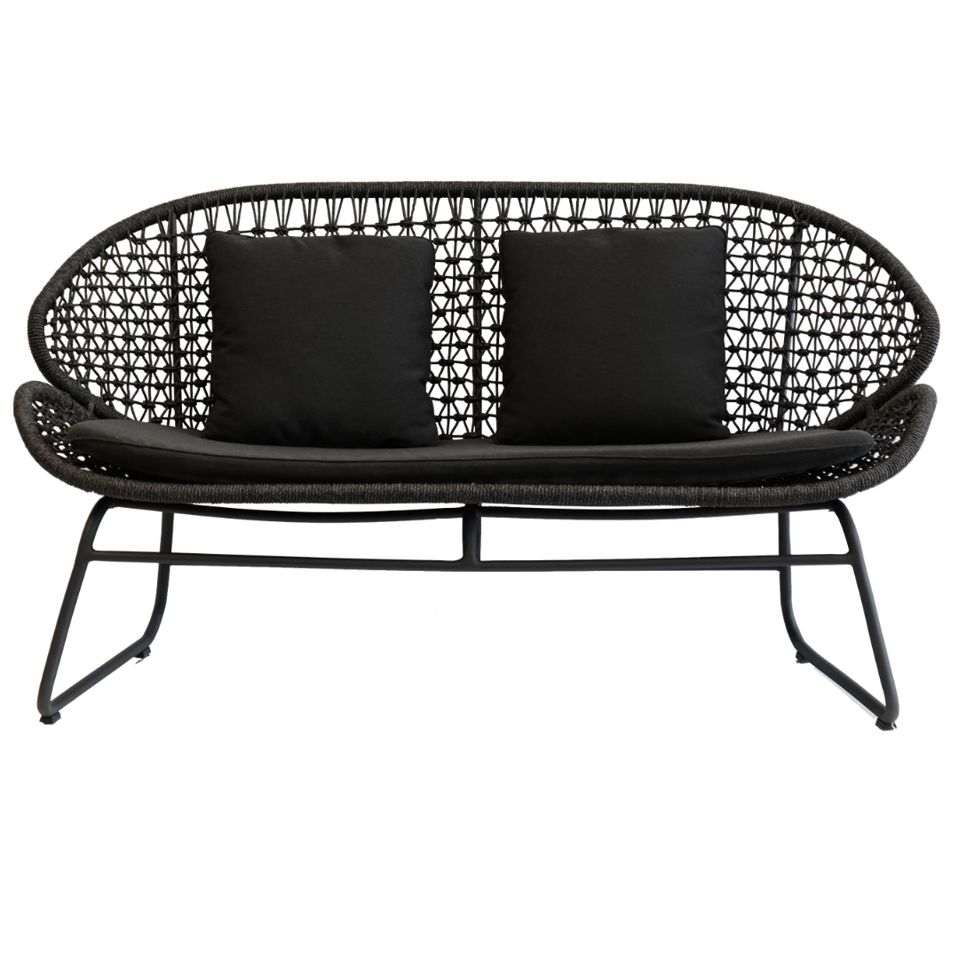 Contemporary curved loveseat, synthetic rope weave on seat and back, square back and seat cushion, aluminum frame