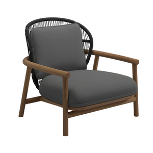 premium lowback lounge chair, deep plush back and seat cushion, rope back seat detailing, round teak arms, tubular straight teak legs