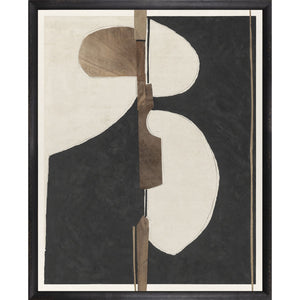 Mid-century inspired geometric print, warm brown, cream and black shapes, black wood frame with glass