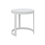 contemporary end table, made from white aluminum, round shape, semi-circle round base, 