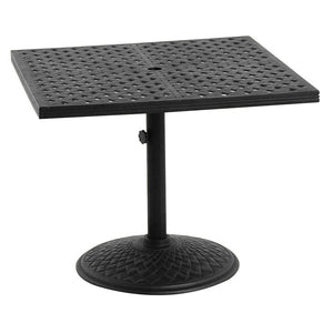 Premium outdoor square aluminum 36” table, basket weave pattern top, round diamond pattern base, umbrella hole in centre, tubular centre pole