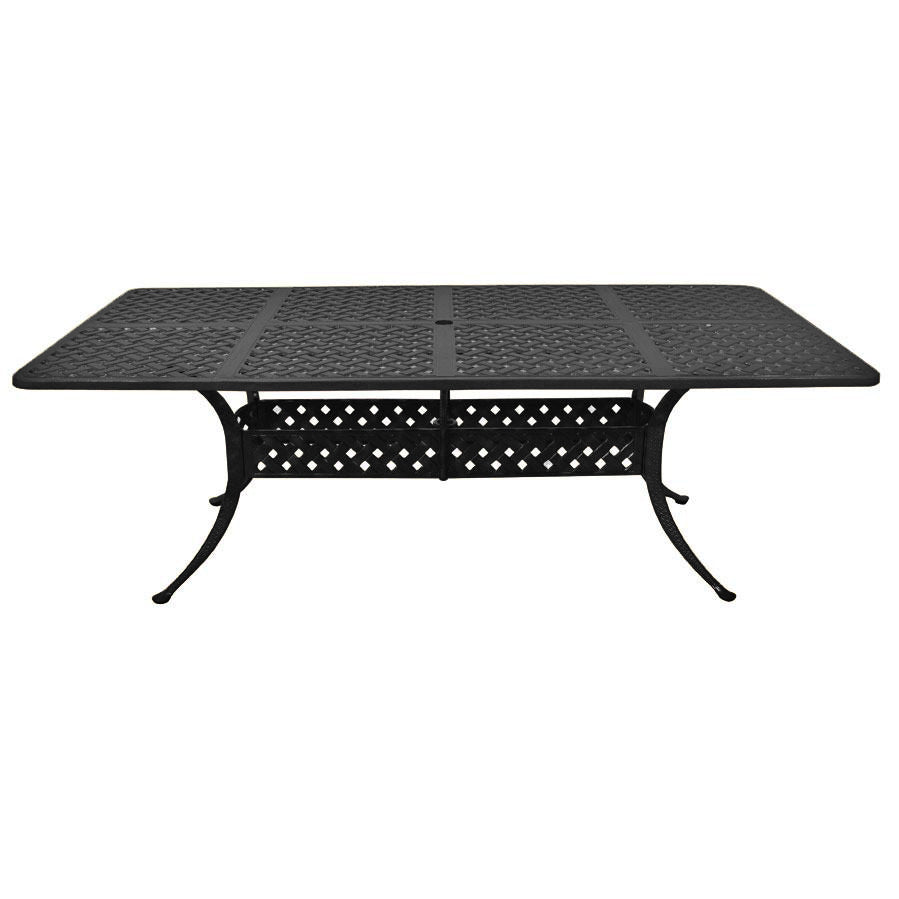 Premium outdoor rectangular aluminum dining table, basket weave pattern top, four curved legs, umbrella hole in centre,  traditional design, decorative band of basketweave pattern connecting legs