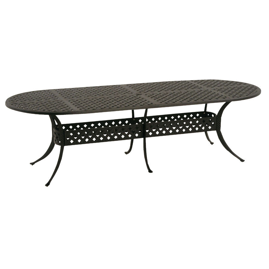 Premium outdoor oval aluminum dining table, basket weave pattern top, six curved legs, umbrella hole in centre,  traditional design, decorative band of basketweave pattern connecting legs