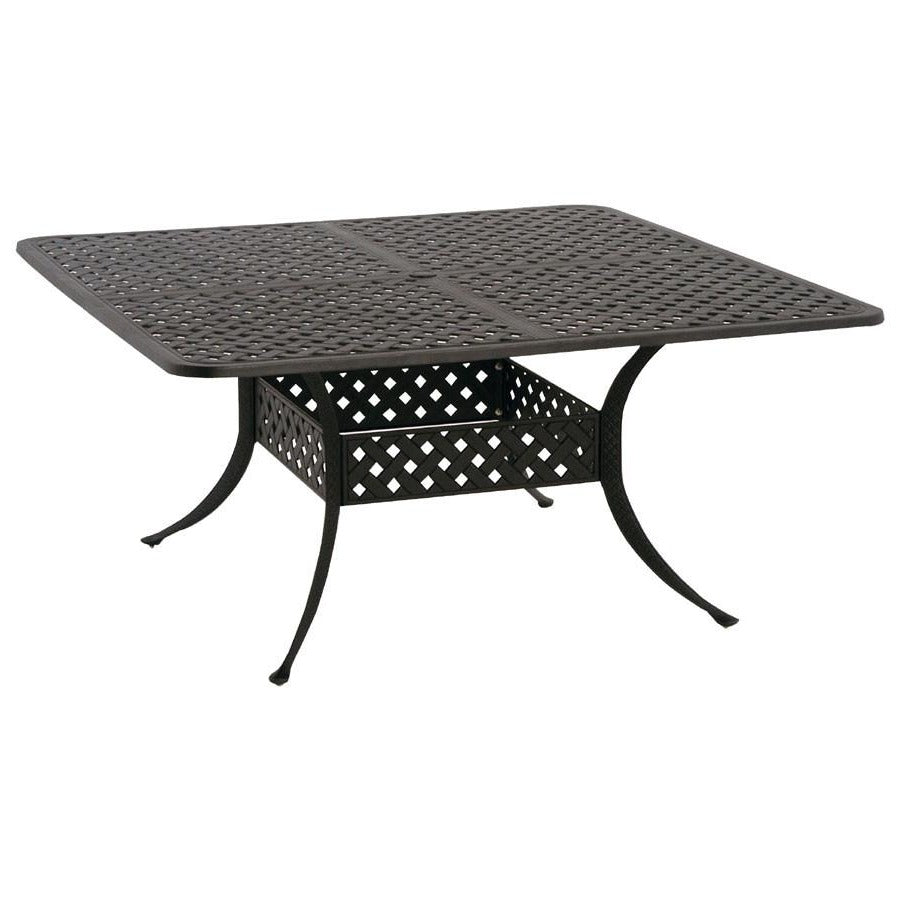 Premium outdoor square 60” aluminum dining table, basket weave pattern top, four curved legs extending from centre, umbrella hole in centre,  traditional design, decorative band of basketweave pattern connecting legs