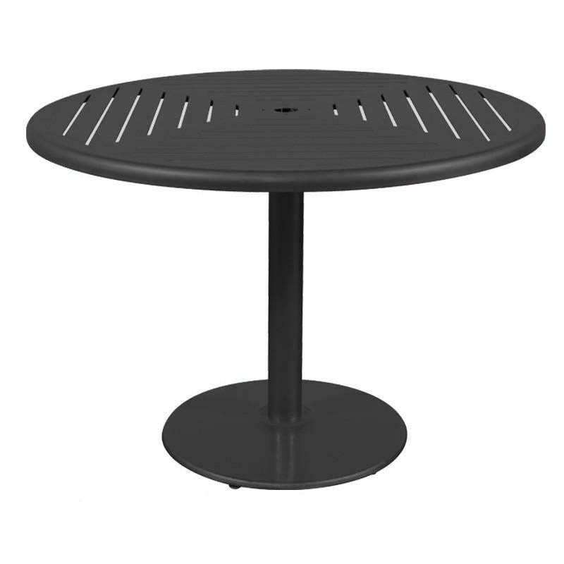 Premium transitional aluminum outdoor round dining/bistro table, slatted  top, clean architectural lines, umbrella hole in center, tubular centre pole with flat round clean base