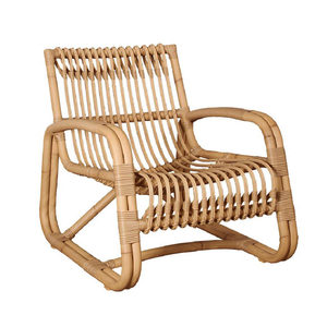 Contemporary natural coloured rattan look, polyethylene weave chair, curved lines, curved open arms and horizontal open lined seat 