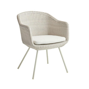 transitional synthetic wicker weave barrel style dining chair with seat cushion, exposed  legs