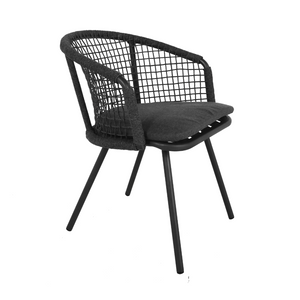 Contemporary outdoor aluminum barrel style dining chair, open modern weave along back and sides using synthetic rope, loose cushion on seat, open tubular legs, black frame, charcoal rope, charcoal seat cushion