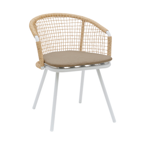 Contemporary outdoor aluminum barrel style dining chair, open modern weave along back and sides using synthetic rope, loose cushion on seat, open tubular legs, white frame, beige rope, beige seat cushion