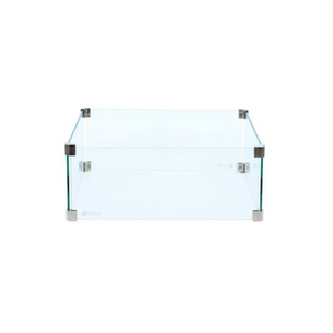 Premium square clear glass wind guard for firepit tables, polished stainless steel accents at top and bottom of corners