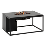 Premium contemporary outdoor firepit table, black rectangular open aluminum base, black enclosed propane tank box under table situated at one corner, black aluminum tabletop, faux logs at centre of table