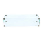 Premium rectangular clear glass wind guard for firepit tables, polished stainless steel accents at top and bottom of corners