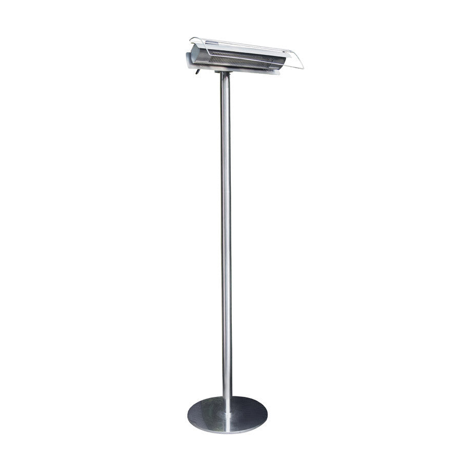 Premium outdoor stainless steel heater, tall polished steel tubular shaped pole with heater mounted at top, round steel base