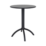 Premium transitional outdoor 23.5” round recycled polypropylene bistro dining table, chunky black tubular base with four pronged legs, simple clean design