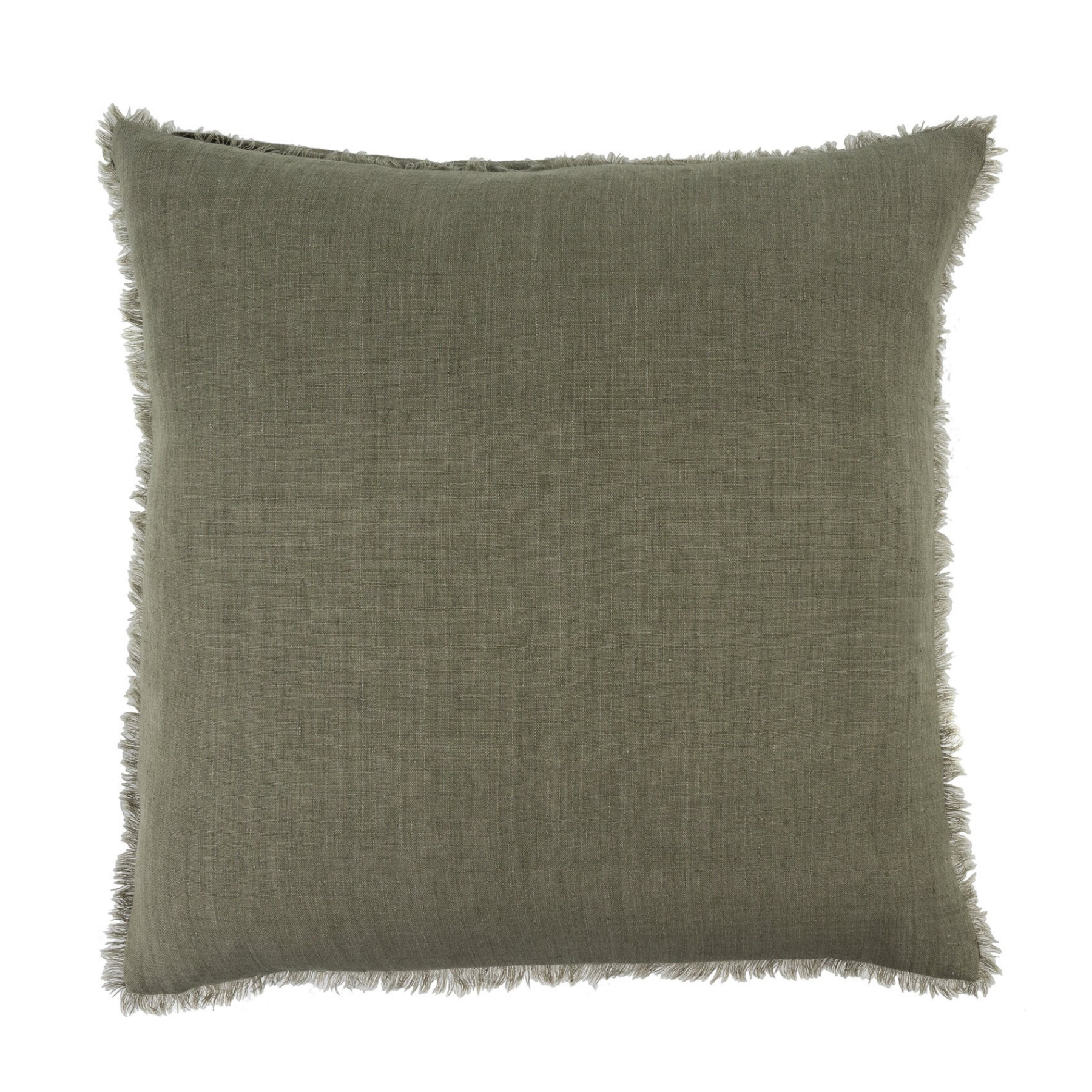 Premium square Belgian linen pillow, down filling, warm green laurel colour, eyelash fringe along edges