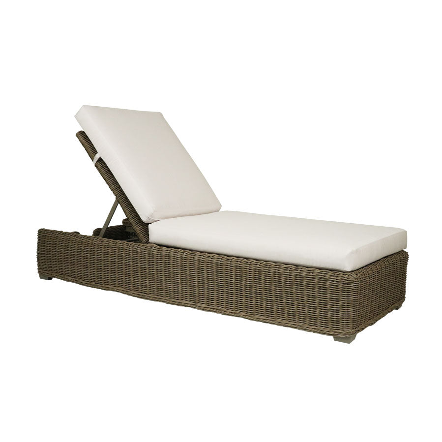 Outdoor transitional chaise with grey synthetic weave base, powder coated steel frame, cushion included, adjustable incline, wheels 