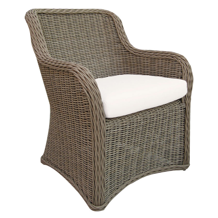 traditional outdoor coastal inspired synthetic wicker weave, aluminum framed lounge chair, driftwood colour, deep back and seat cushion made of Sunbrella fabric, rounded arms