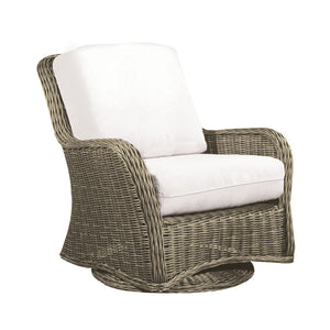 Outdoor traditional synthetic wicker weave, aluminum framed glider club chair, driftwood colour, deep seat cushion in Canvas Natural Sunbrella fabric, rounded arms, wicker weave sides, back and skirt, round swivel wicker base