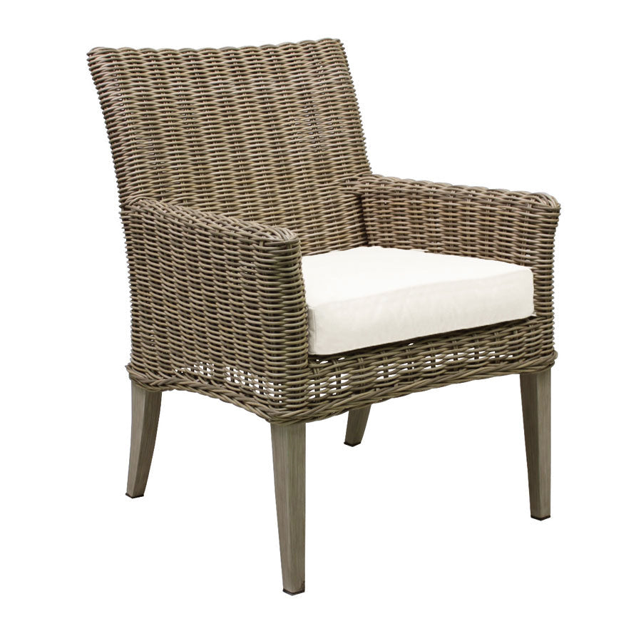 Outdoor transitional synthetic wicker weave dining arm chair, aluminum framed, driftwood colour, deep seat cushion in Canvas Natural Sunbrella fabric, wicker weave back and seat, aluminum wood look tapered legs