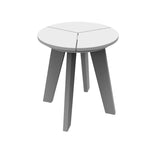 White outdoor round topped end table, all weather recycled polymer, contemporary style, four angled tapered legs